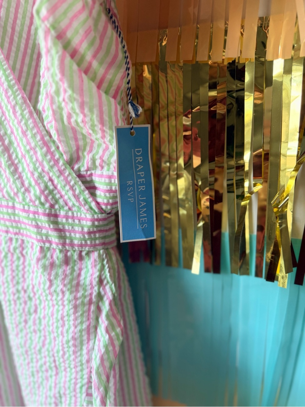 Draper James Pink and Green Striped Puff-Sleeve Wrap Dress - Picture 3 of 4